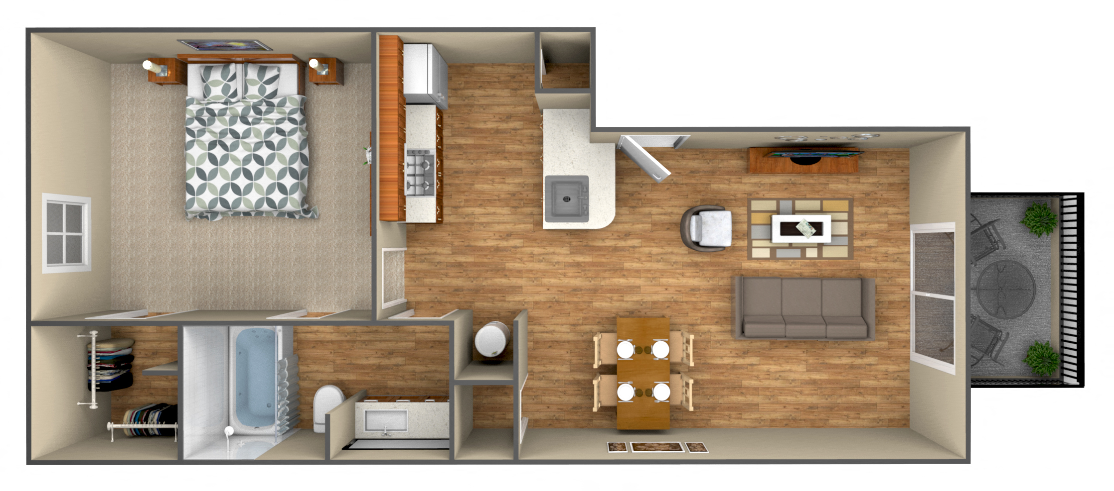 Floor plan for 1 bed, 1 bath, 556 sqft